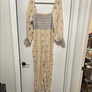 Free People Cream and Blue Embroidered Jumpsuit
